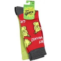 Dr Seuss The Grinch Character Adult Holiday Crew Socks 2 Pair Green