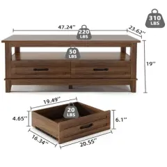 47.24" Farmhouse Coffee Table with Drawers, Rustic Coffee Table Wood Center Table