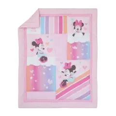 NoJo Disney Minnie Mouse Be Happy Pink Rainbow, Stars, and Clouds 3 Piece Nursery Mini Crib Bedding Set - Comforter and Two Fitted Mini Crib Sheets