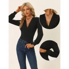 Allegra K Women's Deep V Neck Long Sleeve Ruched Stretchy Bodysuit