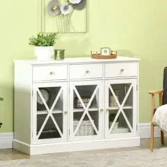 HOMCOM 45" Farmhouse Style Kitchen Sideboard, Serving Buffet Cabinet, Storage Cupboard with Glass Doors and 3 Drawers, White
