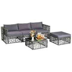 Costway 5 Pieces Patio PE Rattan Wicker Sofa Furniture Set Cushioned  Outdoor Grey
