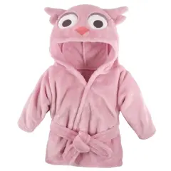 Hudson Baby Infant Girl Plush Animal Face Bathrobe, Pink Owl, 0-9 Months