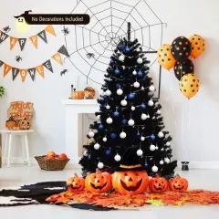 Tangkula Artificial Christmas Tree Halloween Hinged Spruce Full Tree with Metal Stand Black