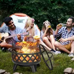 SINGLYFIRE 30" Stainless Steel Round Wood Fire Pit Outdoor Burning Fire Bowl with Rotatable & Liftable BBQ Grill