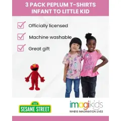 Sesame Street Elmo Cookie Monster Abby Cadabby Infant Baby Girls 3 Pack Peplum T-Shirts White / Pink 12 Months