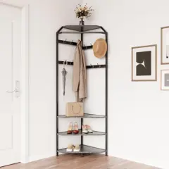 Whizmax Corner Coat Rack With Shoe Bench Entryway, Corner Hall Tree With 6 Double Hooks, Corner Clothes Rack With Storage Corner Tree, Gray
