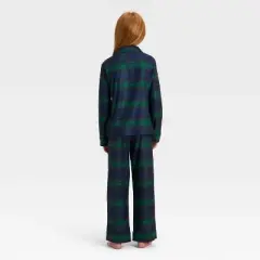 Kids' Plaid Long Sleeve Shirt and Pants Holiday Matching Family Pajama Set - Wondershop&trade; Navy Blue