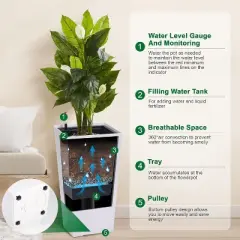 30" Tall Planters, Set of 2, Black Outdoor/Indoor Pots with Drainage Holes, Water Level Monitor, Inner Bucket & Auto Watering, White