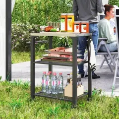 Outsunny 3-Tier Outdoor Grill Cart with Stainless Steel Tabletop, 22" x 16.1" Multifunctional Pizza Oven Table with Hooks, Side Handle, Wheels