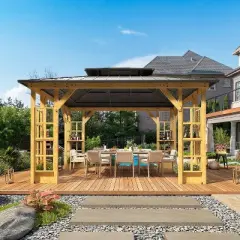 EROMMY 11' x 13' Wood Gazebo: Elegant Outdoor Hardtop Pavilion with Solid Wooden Frame and Double Roof Canopy for Patio, Backyard, and Garden Deck