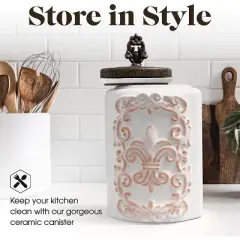 American Atelier Food Storage Ceramic Canister Jar, Fleur De Lis Embossed Design & Airtight Stainless-Steel Lid For Sugar, Flour & More, White