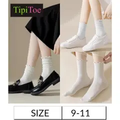 Tipi Toe Womens Black Solid Lettuce Edge Lightweight Crew Length With Cuff Ruffle Socks