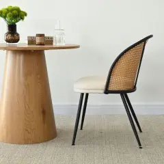 Set of 2 Faux Cane Back Dining Chairs, Upholstered Rattan-Style Accent Chairs with Metal Legs, Mid-Century Modern Kitchen Chairs-Maison Boucle