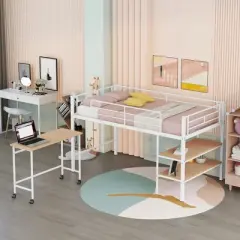 Twin Size Metal Loft Bed with Desk and Shelves - ModernLuxe