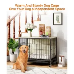 Dog Crate Furniture, 32.5 Inch Wooden Heavy-Duty Dog Kennel with Pull-Out Tray & Removable Wheels