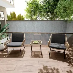 MOEPISY 3 Piece Rattan Patio Bistro Set with Glass Table, 2 Wicker Patio Chairs