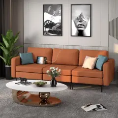 Costway Modular 3-Seat Sofa Couch w/ Socket USB Ports & Side Storage Pocket Orange\Dark Grey