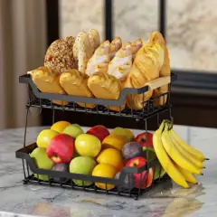 DOMETOUR 2 Tier Fruit Basket for Kitchen Counter, Metal Produce Organizer with Banana Hooks & Wooden Handles for Fruits & Veggies