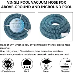 VINGLI 1-1/2-Inch by 50-Feet Blue Swimming Pool Vacuum Hose for Inground and Above-Ground Pools