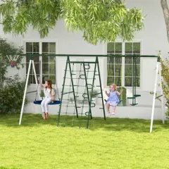 DSVIMOY Swing Set for Backyard, 5-in-1 Outdoor Playset for Kids, with Saucer Swing, Slide, Swing Seats, Green, 162.2"*70.9"*79.5"