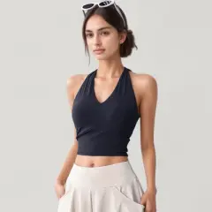 Anna-Kaci Active Women's Halter Neck Fitted Crop Top with Soft Stretch Fabric and Contoured Waist