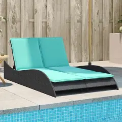 vidaXL Sun Lounger - Black Poly Rattan, Blue Cushions, Adjustable, Garden/Patio Outdoor Chaise daybed, 3-Position backrest, Removable Covers