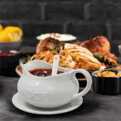 KOVOT 24 Oz Gravy Boat, Tray and Ladle Set - Perfect for Gravies, Sauces, and Dressings - White Elegant Ceramic with The Word "Sauce" On It