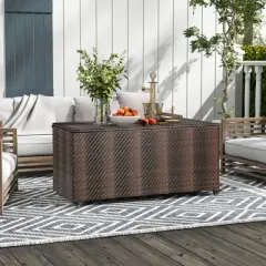 Tangkula 96 Gallon Outdoor Storage Box PE Wicker Deck Box with 4 Wheels & Waterproof Liner Patio Rattan Storage Container Mix Brown/Mix Grey