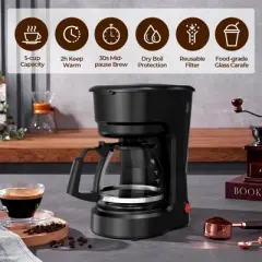 Kismile 5-Cup Drip Coffee Maker, Delay Brew, Keep Warm Plate, 25oz Water Reservoir, Reusable filter, One-Touch Switch, Overheat-protection