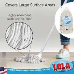 Lola Products Cotton String Wet Mop, Absorbs Up to 3X its Weight in Water, for Floor Cleaning, Includes Swivel Hang Cap for Storage