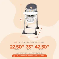 Baby Trend Steel Frame Compact Freestanding Foldable High Chair with Reclining Seat, Safety Harness, & Removable Tray Insert