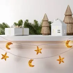 10ct LED Battery Operated Mercury Star and Moon Christmas Indoor/Outdoor Novelty String Lights Warm White with Silver Wire - Wondershop&trade;