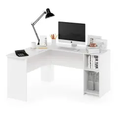 Furinno L-Shaped Computer Desk Study Gaming Table Corner Workstation with Open Bookshelves,White