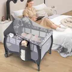 Infans 5-in-1 Portable Baby Playard with Bassinet, Adjustable Canopy, Changing Table, Lockable Wheels, Music Box, Travel Baby Crib Bassinet, Gray