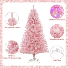 6 Ft Pink Pre-Lit Artificial Christmas Tree Snow Flocked Holiday Hinged Xmas Tree with 250 Multi-Color Led Lights 751 Branch Tips Artificial Pine Chr