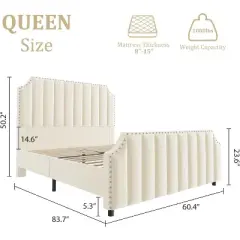 Velvet Bed Frame, 50.2" Tall Headboard & Footboard, Upholstered Platform Bed with Nailhead Trim, No Box Spring Needed
