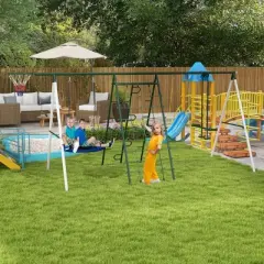 TopComfy Playground Swings 5 in 1 Swing Set with Basketball Hoop and Climbing Net for Backyard, Green, 162.2"*70.9"*79.5"