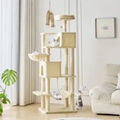 JIONJOY 66" Multi-Level Cat Tree - 2 Large Condos, Sisal Scratching Posts & Hammock, Stable Indoor Cat Tower-Beige