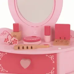 Hape Toys Petite Pink Vanity Toy Wooden Beauty Desk with Drawer, Mirror, and Pretend Makeup Kit, Hairbrush, Lipstick Roll, Compact, Perfume, and Puffs