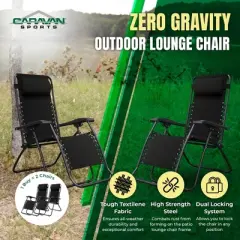 Caravan Sports Zero Gravity Outdoor Portable Folding Camping Lawn Deck Patio Lounge Chair with Adjustable Headrest, Black (Pair)