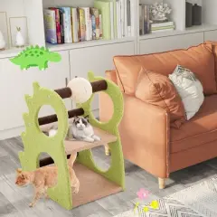 Tangkula 2-Tier Dinosaur Cat Tree Tower w/ Rotating Scratching Sisal Ball Climbing Rods