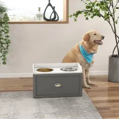 PawHut Large Elevated Dog Bowls with Storage Drawer Containing 21L Capacity, Raised Dog Bowl Stand Pet Food Bowl Dog Feeding Station