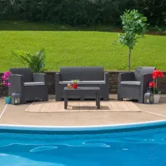 Flash Furniture Faux Rattan Loveseat with All-Weather Cushions