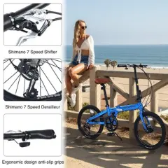 NAYSAYE 20 Inch Folding City Bike Lightweight Aluminum Frame 7 Speed for Commuting and Travel, Blue, 57.09"*24.8"*39.37"