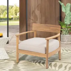 Acacia Wood Outdoor Lounge Chair with Cushion,Wooden Patio Leisure Chair with Curved Backrest,Lounge Chair for Garden or Backyard-Koiai