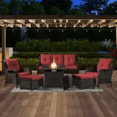 6 Pieces Outdoor Patio Furniture Set with Fire Pit Table, PE Resin All Weather Wicker Patio Propane Fire Pit Set with Patio Couch, Club Chairs in Red