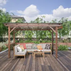13x6.5 FT Wooden Pergola with Metal Roof for Patio, BBQ Gazebo with Bar Counter and Shelves, Outdoor Grill Gazebo with Bulbs for Backyard-Koiai
