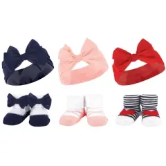 Hudson Baby Infant Girl 12Pc Headband and Socks Giftset, Red Blue Bows, One Size