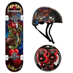 Punisher Ranger Skateboard, Helmet & Pad Set Bundle - Canadian Maple Skateboard, Durable Protective Gear